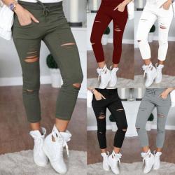 Plus Size 4XLFashion Women Casual Holes Destroyed Knee Skinny Thin Pencil Pants Trousers Black White Stretch Ripped Pants  2019