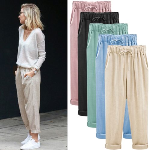 Plus Size M-7XL Fashion Women Nine Points Pants Cotton linen New Casual Bundling Wide Waist Belt Candy Color Pencil Pants Black