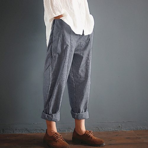 Pockets Loose Striped Cotton Linen Long Harem Pants Women Elastic Waist Casual Cargo Pantalon Overalls Trousers Plus Size Casual