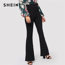 SHEIN Black Elegant Office Lady Elastic Waist Flare Hem Pants Casual Solid Minimalist Pants 2019 Spring Women Pants Trousers