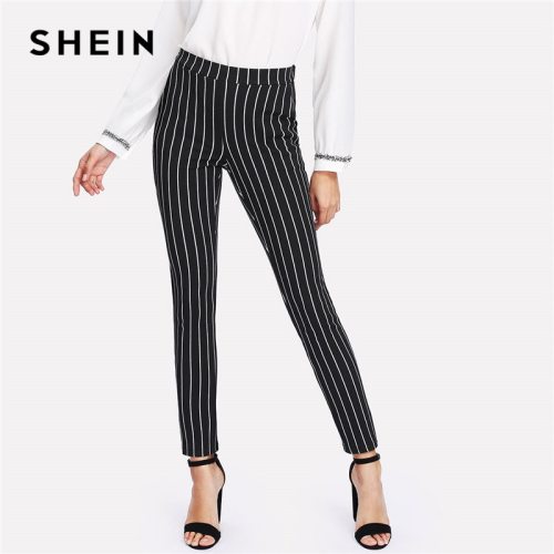 SHEIN Vertical Striped Skinny Pants Women Elastic Waist Pocket OL Style Work Trousers 2018 Spring Mid Waist Long Pencil Pants