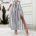 Simplee Split striped lady wide leg pants women Summer beach high waist trousers Chic streetwear sash casual pants capris female