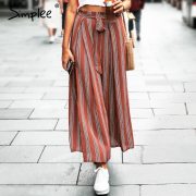 Simplee Split striped lady wide leg pants women Summer beach high waist trousers Chic streetwear sash casual pants capris female