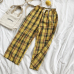 Summer Japanese Style Women Yellow Pants High Waist Tie Stripe Plaid Cotton Pant Bottom