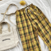 Summer Japanese Style Women Yellow Pants High Waist Tie Stripe Plaid Cotton Pant Bottom