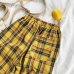 Summer Japanese Style Women Yellow Pants High Waist Tie Stripe Plaid Cotton Pant Bottom