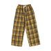 Summer Japanese Style Women Yellow Pants High Waist Tie Stripe Plaid Cotton Pant Bottom