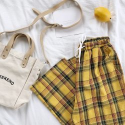 Summer Japanese Style Women Yellow Pants High Waist Tie Stripe Plaid Cotton Pant Bottom