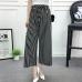 Summer New Striped Style Black Loose High Waist Crop Casual Pants Women One Size Chiffon Wide-leg Pants Plus Size