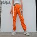 Waatfaak Casual Patchwork Pencil Pants High Waist Buckle Belt Trousers Women Orange Zipper Pocket Sweatpants and Joggers Fitness