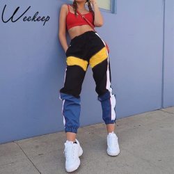 Weekeep Women High Waist Patchwork Pants Black Pencil Pants Streetwear Cargo Pants Loose Jogger Trousers Women 2019 Sweatpants