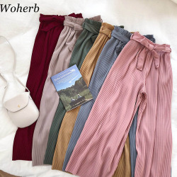 Woherb Korean Summer Wide Leg Pants Women Casual High Waist Pants with Bow Belt 2019 New Pleated Pant Trousers Femme 21057