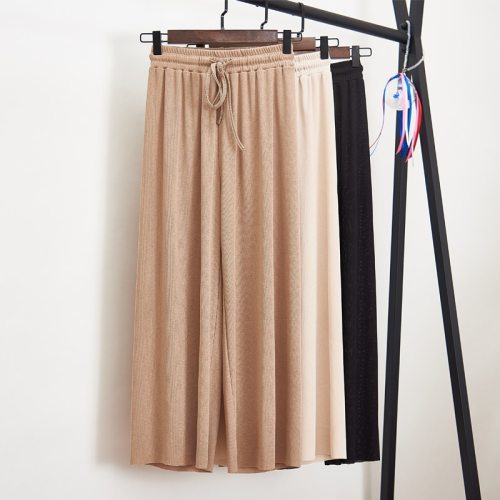 Women Summer Thin Knit Trousers Black Wide Leg Loose Pants Ankle Length Pants Casual trouser Elastic Waist Plus Size Pants S-4XL