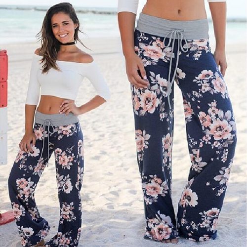 Wontive 2019 Women's Pants Loose Floral Print Drawstring Casual Wide Leg Pants Female Summer Trousers Long Sweatpants Plus Size