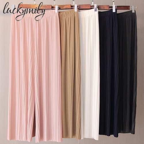 luckymily 2019 New Spring and Autumn Solid Color Womens Pleated Wide Leg Palazzo Pants with Elastic Band of 8 Color Casual Pants