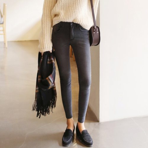 2019 thin waist jeans nine Korean female grey legging feet pencil pants 9 black women jeans