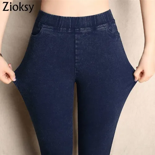 Big Yards 2019 Spring Autumn Lmitation Jeans Pants Women Elastic Waist Trousers Ladies Vintage Pencil Slim Skinny Jeans 3 Colors