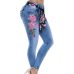 Laamei 2019 Plus Size Women Stretch High Waist Skinny Embroidery Jeans Floral Holes Denim Pants Trousers Women Jeans Pencil Pant