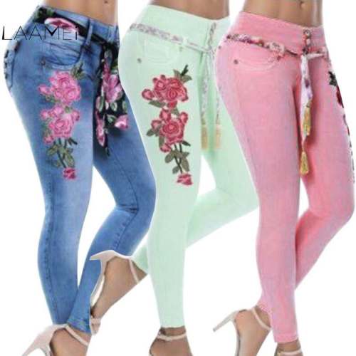 Laamei 2019 Plus Size Women Stretch High Waist Skinny Embroidery Jeans Floral Holes Denim Pants Trousers Women Jeans Pencil Pant