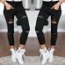 New 2016 Skinny Jeans Women Denim Pants Holes Destroyed Knee Pencil Pants Casual Trousers Black White Stretch Ripped Jeans