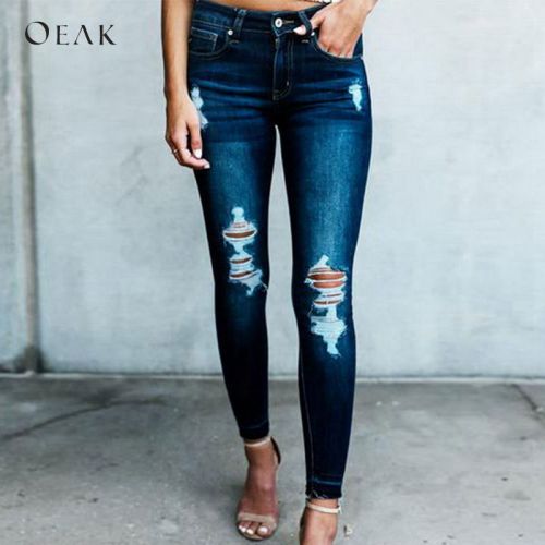 OEAK 2019 New Dark Blue Jeans Pancil Pants Women High Waist Slim Hole Ripped Denim Jeans Casual Stretch  Trousers Jeans