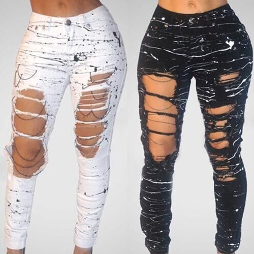 Ripped Jeans for Women 2018 New Mid-waist Hole Chain Jeans Paint Pants Skinny Destroyed Pants Hole Trousers Stretch Jeans