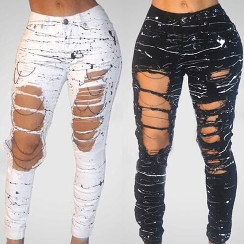 Ripped Jeans for Women 2019 New Mid-waist Hole Chain Jeans Paint Pants Skinny Destroyed Pants Hole Trousers Stretch Jeans  G3P7