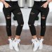 S-4XL Women Skinny Jeans Girls Pants Holes Knees Pencil Pants Casual Pants Black White Elastic Shredded Jeans