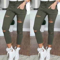 S-4XL Women Skinny Jeans Girls Pants Holes Knees Pencil Pants Casual Pants Black White Elastic Shredded Jeans