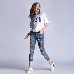 S-5XL women ladies Plus size mickey boyfriend denim ripped pants vintage straight jeans for girl Mid waist casual pants female