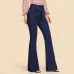 SHEIN Navy High Waist Vintage Long Flare Leg Belted Jeans Women Tie Waist Zipper Fly Retro Stretchy Black Denim Pants 4 Colors