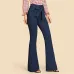 SHEIN Navy High Waist Vintage Long Flare Leg Belted Jeans Women Tie Waist Zipper Fly Retro Stretchy Black Denim Pants 4 Colors