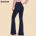 SHEIN Navy High Waist Vintage Long Flare Leg Belted Jeans Women Tie Waist Zipper Fly Retro Stretchy Black Denim Pants 4 Colors