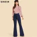 SHEIN Navy High Waist Vintage Long Flare Leg Belted Jeans Women Tie Waist Zipper Fly Retro Stretchy Black Denim Pants 4 Colors