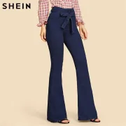 SHEIN Navy High Waist Vintage Long Flare Leg Belted Jeans Women Tie Waist Zipper Fly Retro Stretchy Black Denim Pants 4 Colors