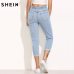 SHEIN Women Summer Pants Casual Trousers for Ladies Blue Ripped Mid Waist Drawstring Skinny Denim Calf Length Jeans