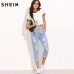 SHEIN Women Summer Pants Casual Trousers for Ladies Blue Ripped Mid Waist Drawstring Skinny Denim Calf Length Jeans