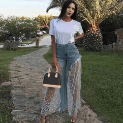 Sexy Women Wide Leg Pants Sheer Mesh Star Print Splice Denim Pants High Waist Casual Loose Pants Jeans Fashion Party Trousers