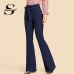 Sheinside Navy Tie Waist Flare Jeans Woman Denim Trousers Vintage Women Clothes 2018 Fall High Waist Pants Belted Stretchy Jeans