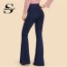 Sheinside Navy Tie Waist Flare Jeans Woman Denim Trousers Vintage Women Clothes 2018 Fall High Waist Pants Belted Stretchy Jeans