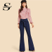 Sheinside Navy Tie Waist Flare Jeans Woman Denim Trousers Vintage Women Clothes 2018 Fall High Waist Pants Belted Stretchy Jeans