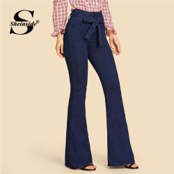 Sheinside Navy Tie Waist Flare Jeans Woman Denim Trousers Vintage Women Clothes 2018 Fall High Waist Pants Belted Stretchy Jeans