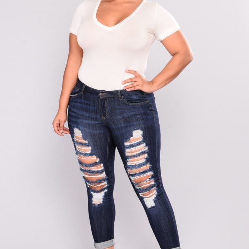 Skinny Jeans Women Plus Code Denim Holes Destroyed Knee Pencil Pants Casual High Waist Trousers Stretch Ripped Jeans Plus Size