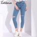 White Skinny Jeans Woman With Holes Slim Pencil Denim Pants Ripped Jeans For Women High Waist Stretch Capris Ladies Jean Femme