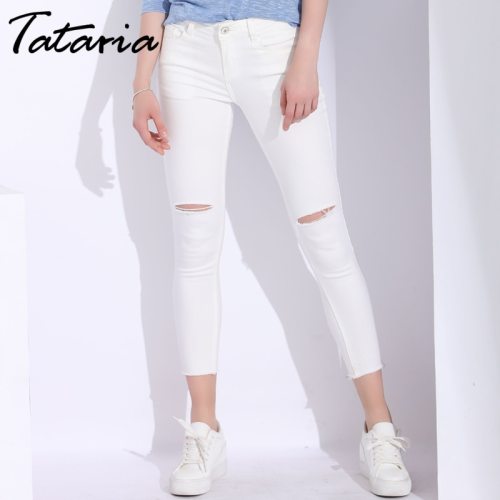 White Skinny Jeans Woman With Holes Slim Pencil Denim Pants Ripped Jeans For Women High Waist Stretch Capris Ladies Jean Femme