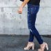 Women Denim Skinny Pants Ripped Destroyed Pleated Stretch Jeans Slim Pencil Trousers