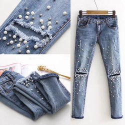 Women Fashion Destroyed Ripped pearled Slim Denim Pants Boyfriend Jeans Trousers Ladies Womens Daily Casual Jean Pant Clothing