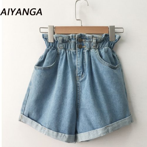 2018 Summer High Waist Denim Shorts Women Casual Loose Ladies Fashion Roll Up Hem Elastic Waist Pocket Blue White Jeans Female