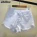 2019 European and American BF summer wind female blue high waist denim shorts women worn loose burr hole jeans shorts