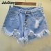 2019 European and American BF summer wind female blue high waist denim shorts women worn loose burr hole jeans shorts